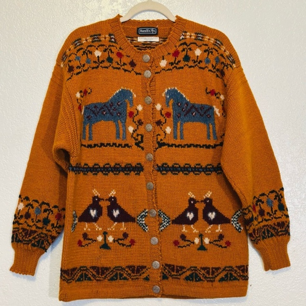 Harold’s Wool Cottage Nordic Fair Isle Swedish Horse Knit Cardigan GVC L